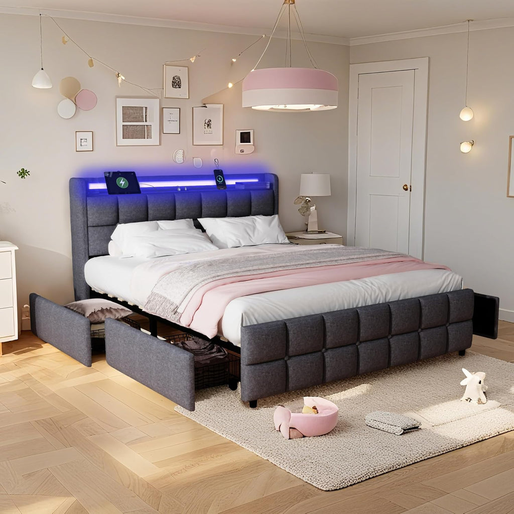Modern LED Storage Bed with Charging Station All-Metal Platform Bed Frame Featuring 2-Tier Headboard, 4 Storage Drawers, and Easy Assembly(201-Gray, Full)
