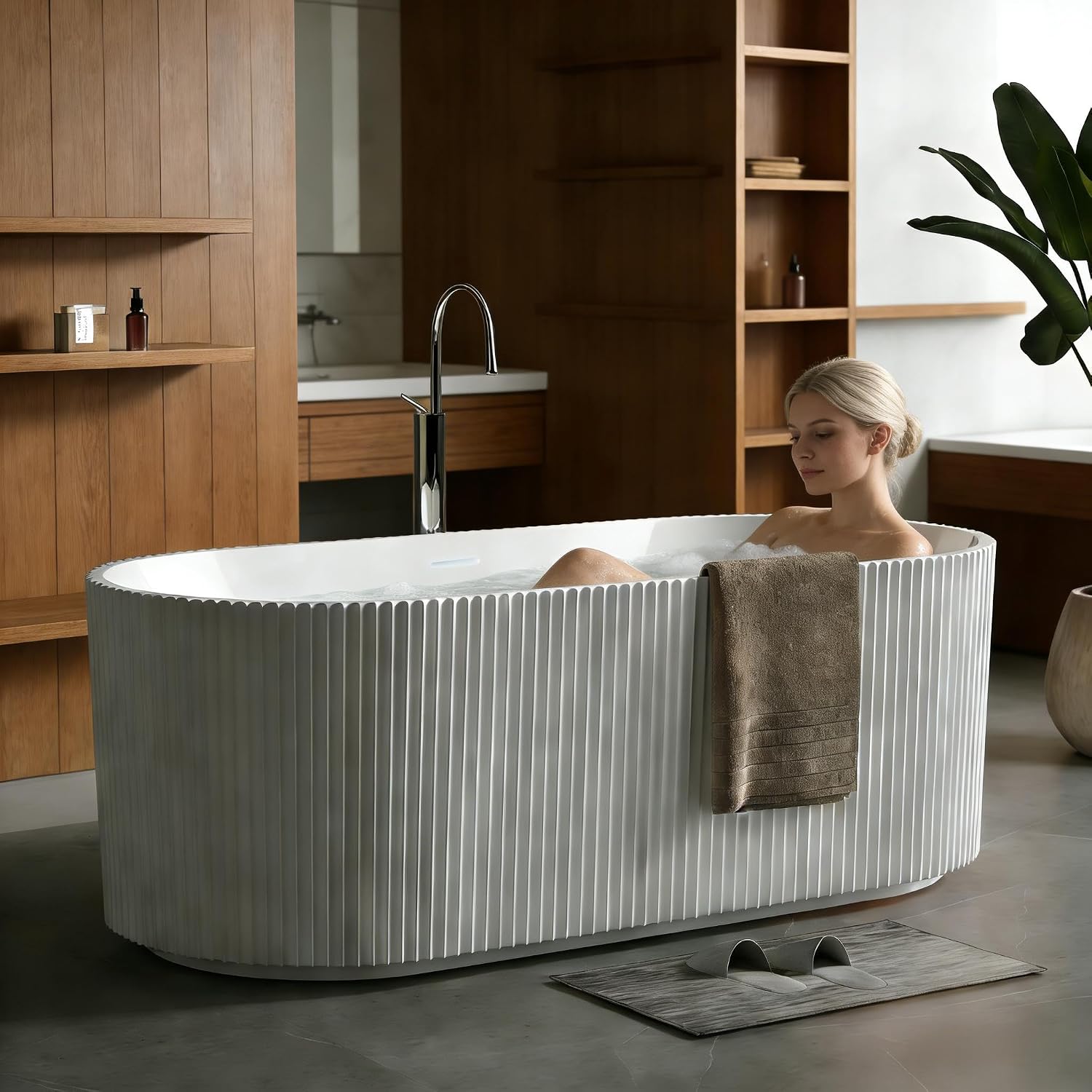 Acrylic Freestanding Bathtub, Deep Soaking Stripe Tub with Drain, Solid Surface Stand Alone Bath, Contemporary Indoor Bathroom Spa Tub for Adults, Large Foot Soak, White