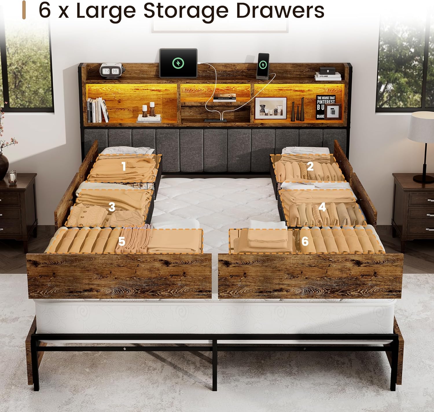 BRELTAM King Bed Frame with 6 Storage Drawers, Linen Upholstered Headboard, Built-in USB Charging Station & LED Lighting, Silent Metal Support, No Box Spring Needed, Vintage Brown
