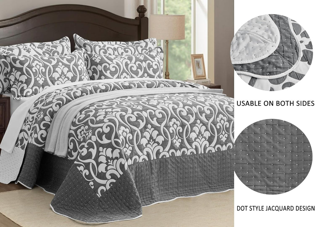 Chezmoi Collection Oversized Bedspread 128x120, Jacquard Matelasse Floral Damask Design, 5-Piece Lightweight Reversible Microfiber Coverlet Set Textured Dot Border, Super King, Dark Gray/White
