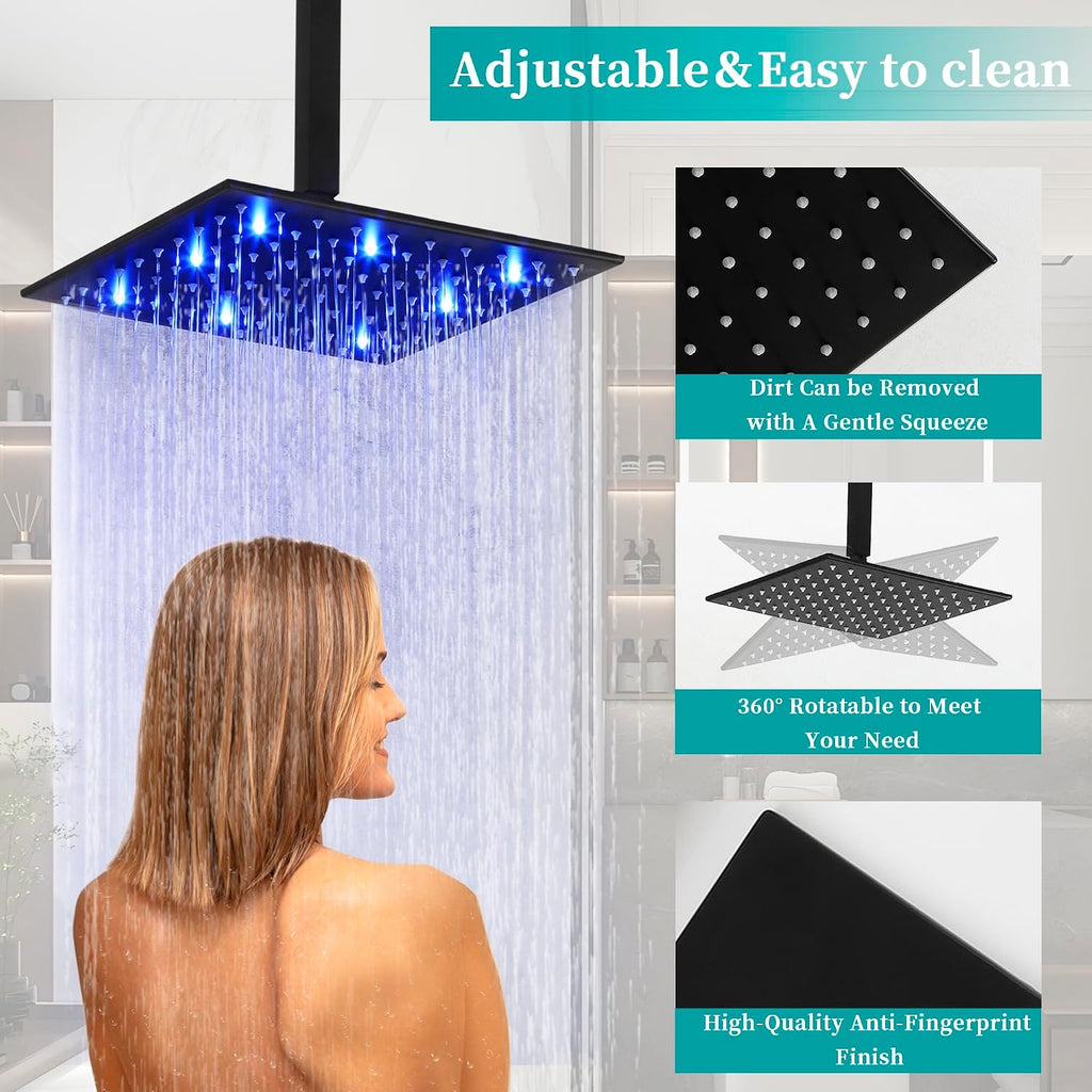 SKOWLL Shower Faucets Sets Complete Ceiling Mount 12 Inch LED Shower Head System with Handheld, Bathroom Rainfall Shower Fixtures Valve Kit, 3 Color Changing Showerhead, Matte Black