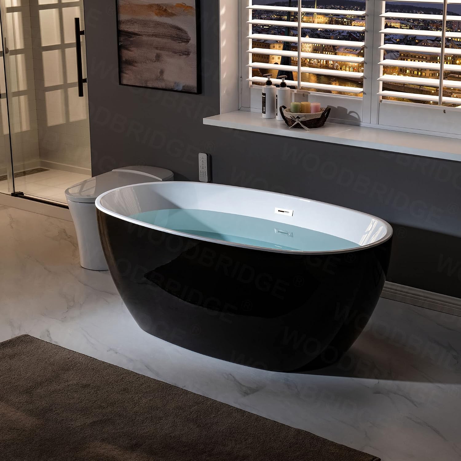 WOODBRIDGE 59' Acrylic Freestanding Bathtub Contemporary Soaking Black Tub with Brushed Nickel Overflow and Drain,Black,B1818-BN