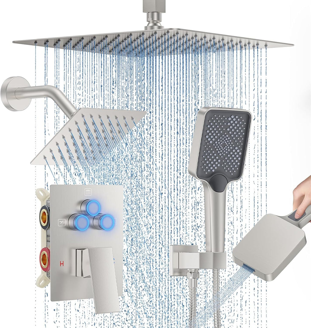 Shower Faucet Set, 12' Ceiling Mount Rainfall Shower System with 2 Rain Shower Head and Multi-function Handheld Head Push Button Diverter Shower Faucet Trim Kit (12', Brushed Nickel)