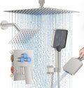 Shower Faucet Set, 12' Ceiling Mount Rainfall Shower System with 2 Rain Shower Head and Multi-function Handheld Head Push Button Diverter Shower Faucet Trim Kit (12', Brushed Nickel)