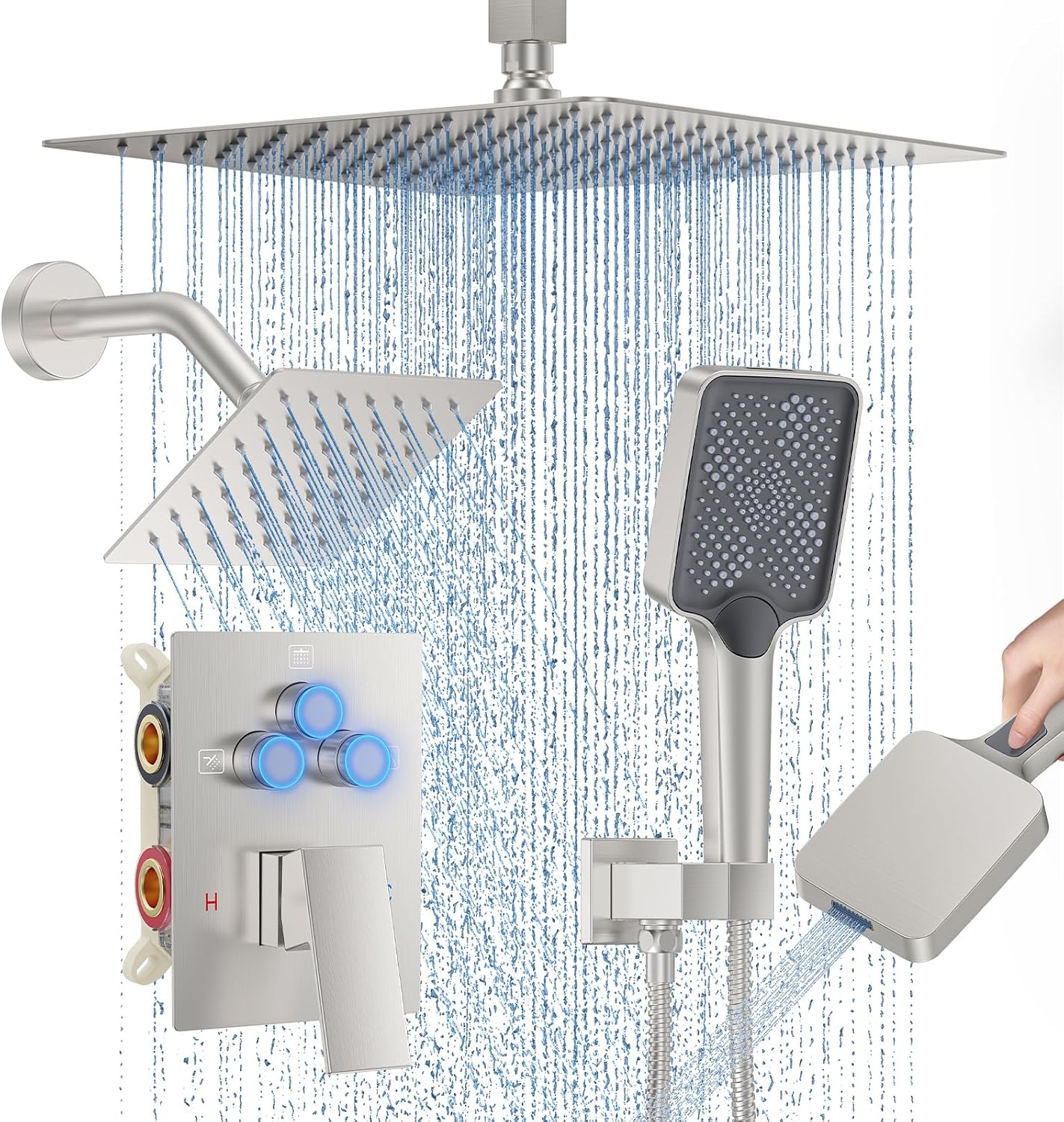 Shower Faucet Set, 12' Ceiling Mount Rainfall Shower System with 2 Rain Shower Head and Multi-function Handheld Head Push Button Diverter Shower Faucet Trim Kit (12', Brushed Nickel)
