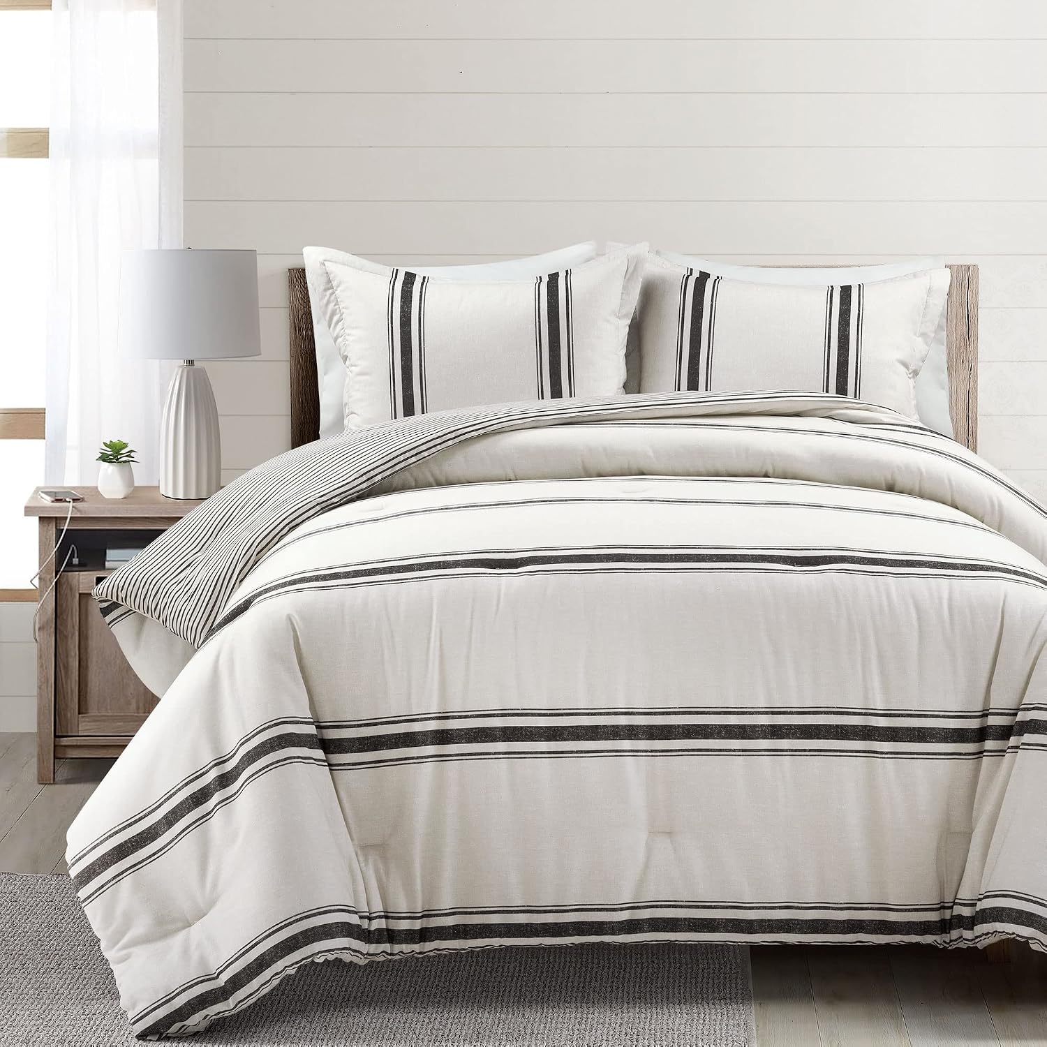Lush Decor Farmhouse Stripe Reversible Cotton Comforter Set, 3 Piece Set, Full/ Queen, Black - Cozy Farmhouse Bedding Set - Rustic Decor - Striped Comforter - Modern Farmhouse Bedroom Decor