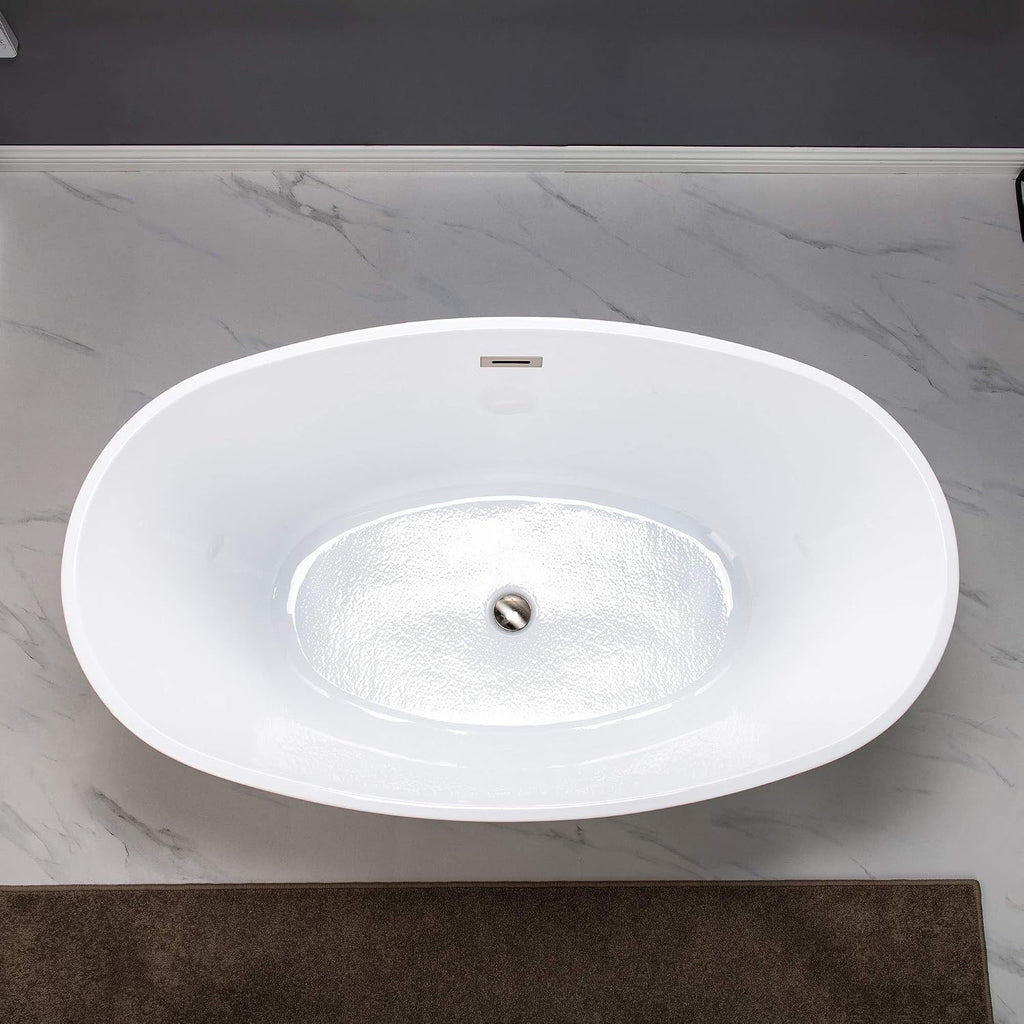 WOODBRIDGE 55' Acrylic Freestanding Bathtub Contemporary Soaking White Tub with Brushed Nickel Overflow and Drain,BTA1418 -B/N-Drain &O