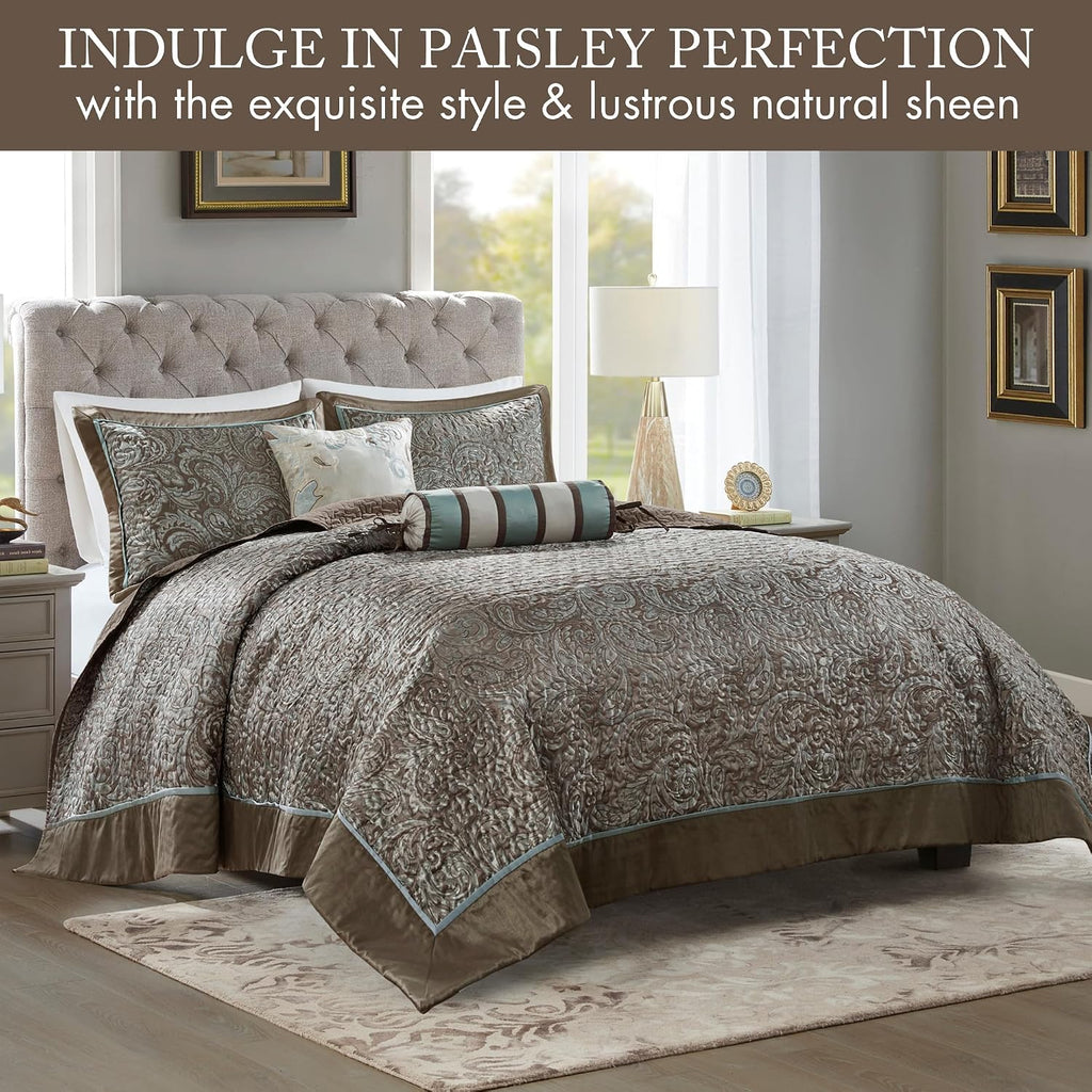 Madison Park Aubrey Reversible Quilted Bedspread Set, Solid Reverse Summer Breathable, Lightweight All Season Bedding Layer, Matching Shams, Bedspread King(120'x118'), Blue 5 Piece