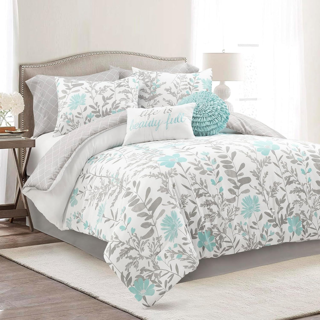 Lush Decor Aprile Soft Reversible Floral Comforter Set, 8 Piece Set, Queen, Blue & Gray - Floral Bedding Set - Queen Sized Comforter Full - Blue Gray Bedding - Spring Home Decor - Cottage - Farmhouse