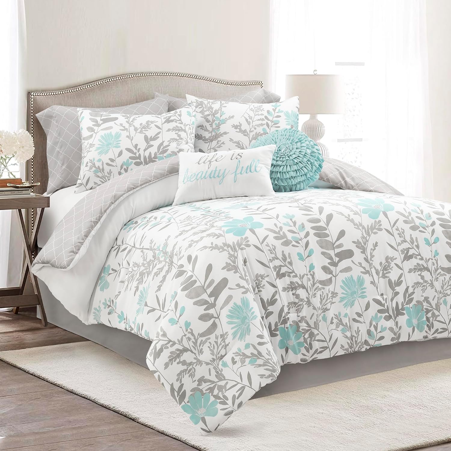 Lush Decor Aprile Soft Reversible Floral Comforter Set, 8 Piece Set, Queen, Blue & Gray - Floral Bedding Set - Queen Sized Comforter Full - Blue Gray Bedding - Spring Home Decor - Cottage - Farmhouse