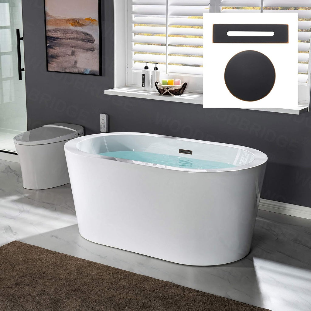 WOODBRIDGE 56' Acrylic Freestanding Bathtub Contemporary Soaking White Tub with Oil Rubbed Bronze Overflow and Drain，B0088 -ORB-Drain &O