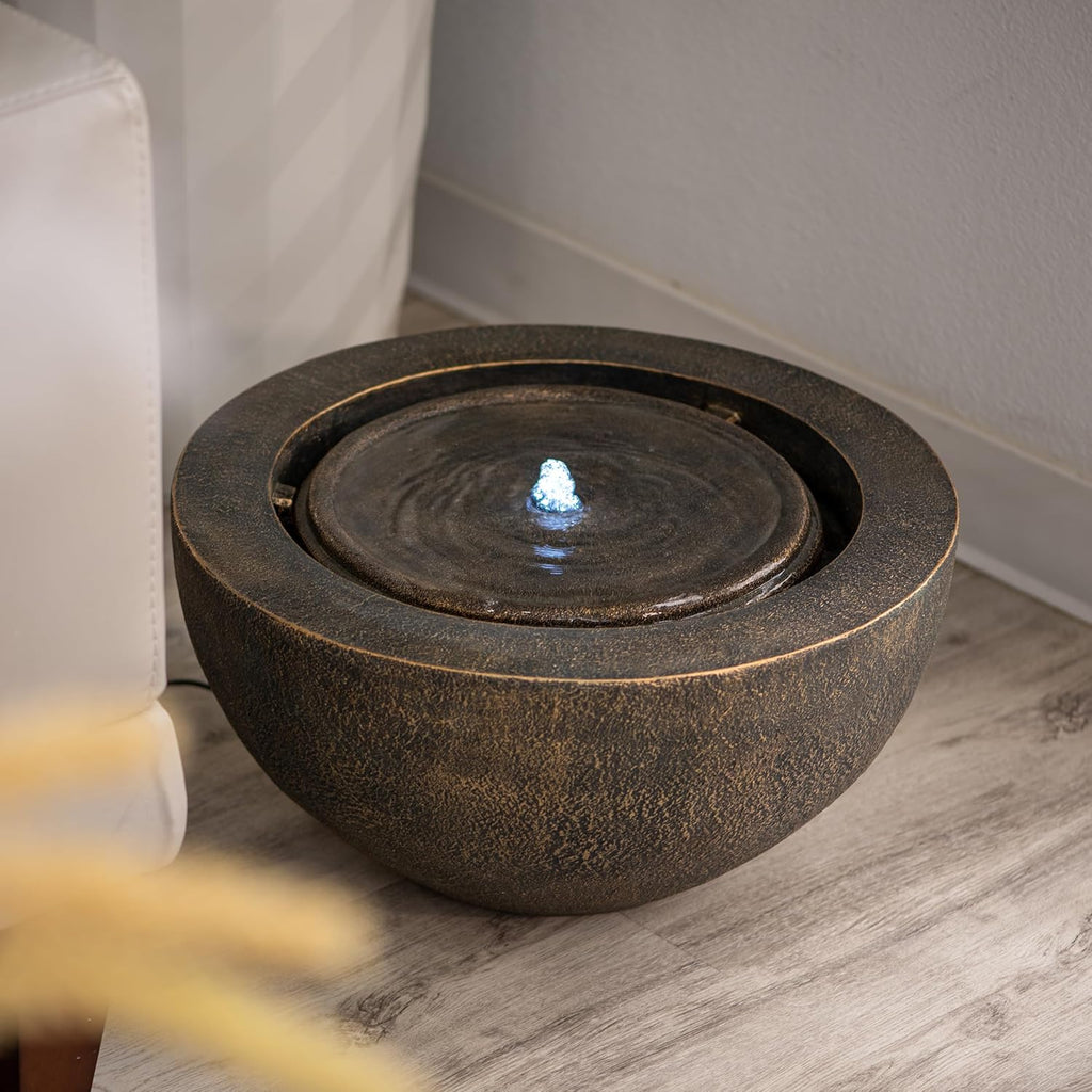 XBrand 19.8' W Round Sphere Water Fountain Indoor Outdoor with LED Light, Polyresin Bubbler Feature for Patio Garden Yard Home Décor, Bronze