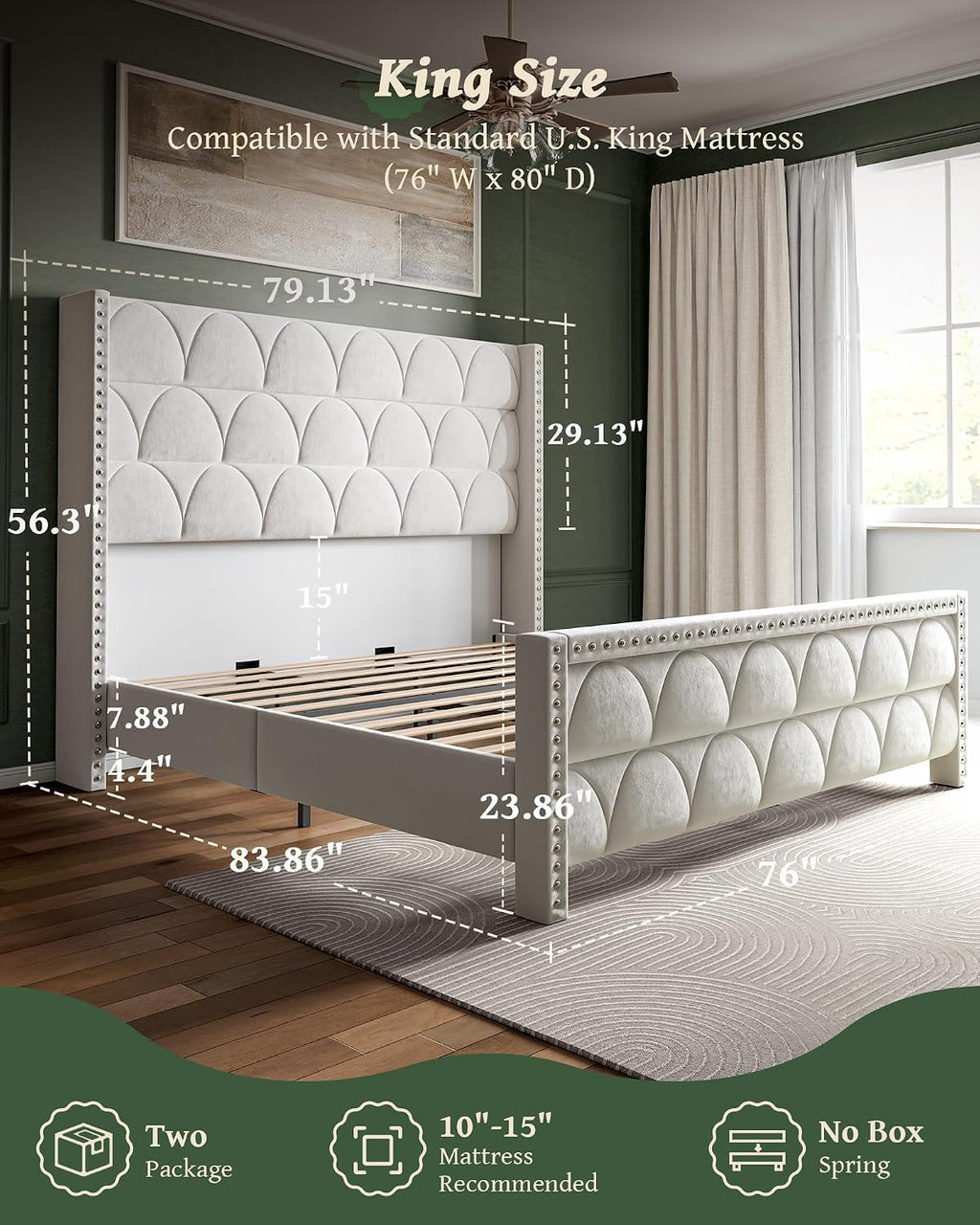 OHOHOLIVE King Size Bed Frame with 56' Headboard - Velvet Upholstered Wingback Platform Bed Frame, Noise Free, Sturdy Wooden Slat Support (Cream, King)