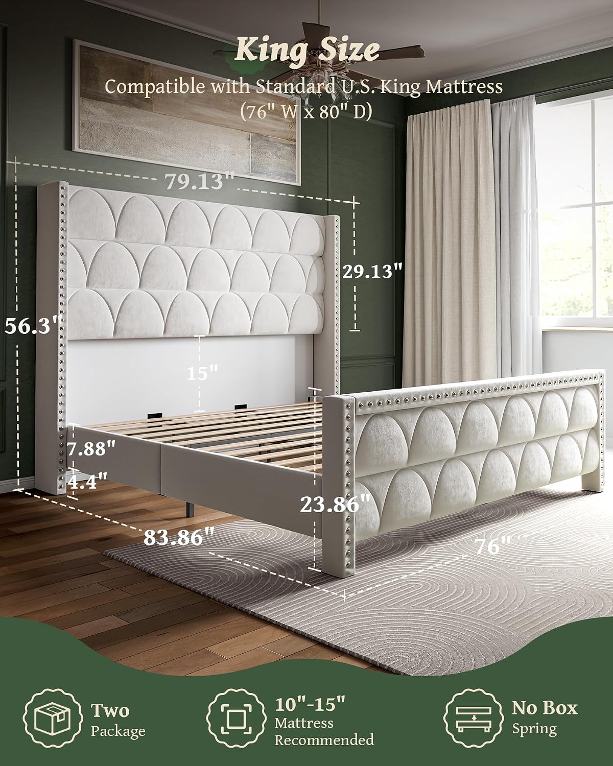 OHOHOLIVE King Size Bed Frame with 56' Headboard - Velvet Upholstered Wingback Platform Bed Frame, Noise Free, Sturdy Wooden Slat Support (Cream, King)