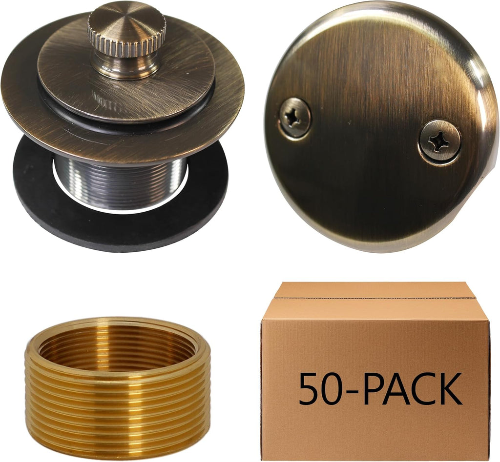 Westbrass D94K-50-06 Twist & Close Bathtub Drain Stopper with 2-Hole Faceplate and Adapter Bushing, Antique Brass (50-Pack)