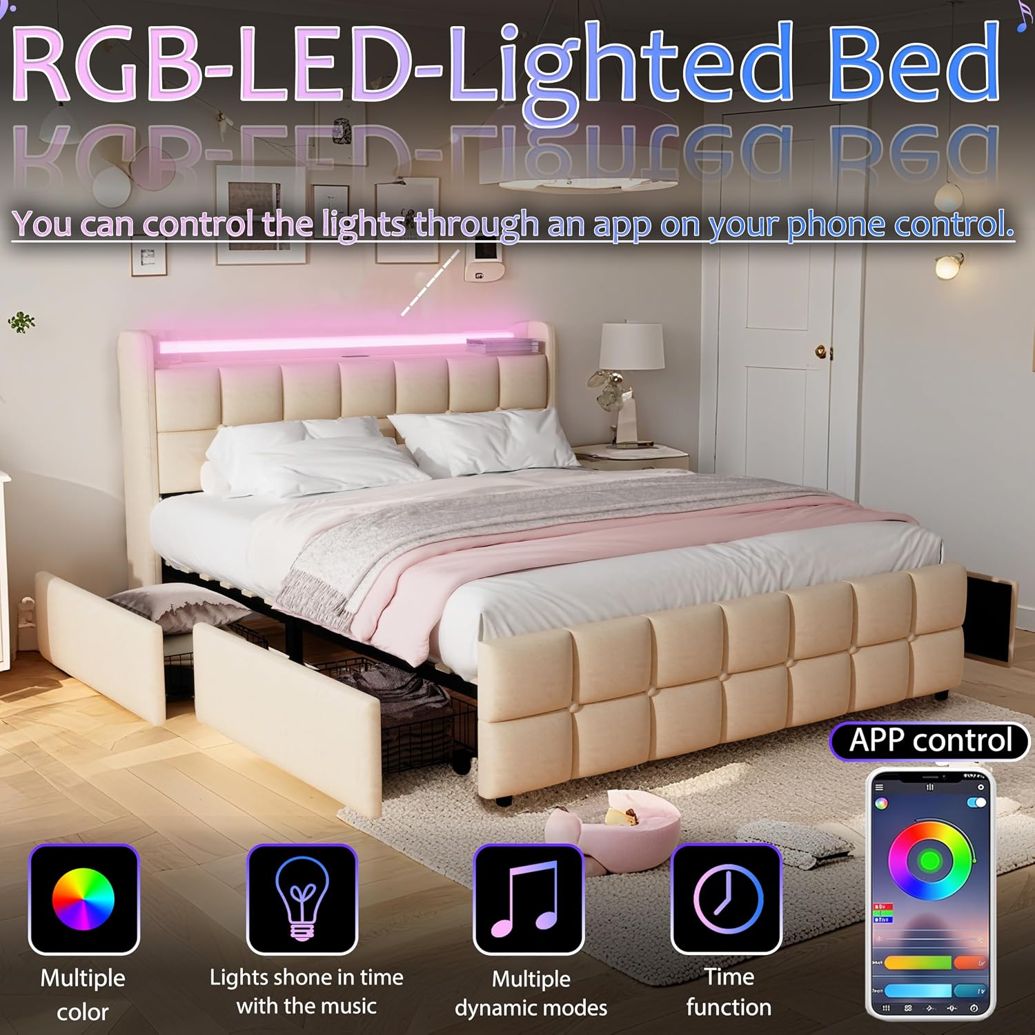 Modern LED Storage Bed with Charging Station All-Metal Platform Bed Frame Featuring 2-Tier Headboard, 4 Storage Drawers, and Easy Assembly(201-Beige, Queen)