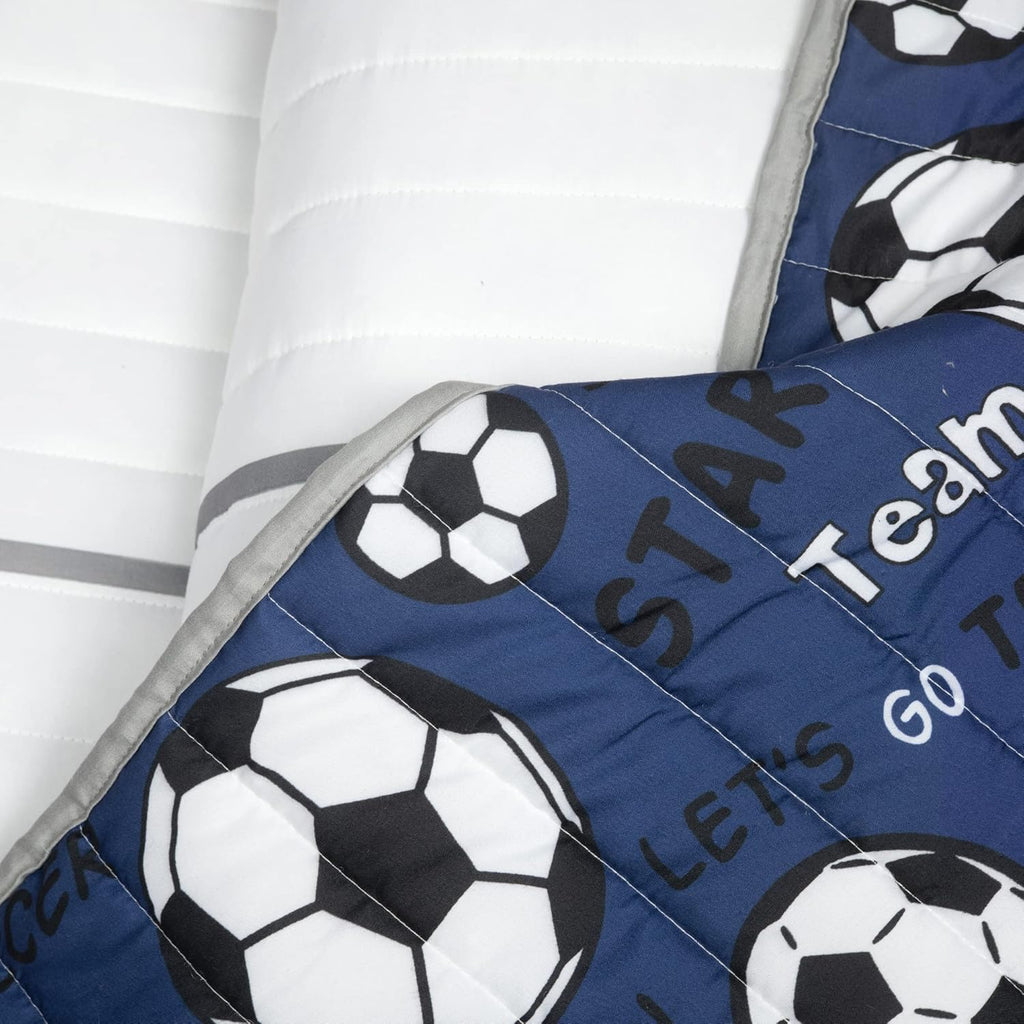 Lush Decor Soccer Game Reversible Quilt Quen Size 4 Piece Set Full/Queen White & Navy - Toddler Bedding Set Full Quilt - Sports Decor - Soccer Bedding
