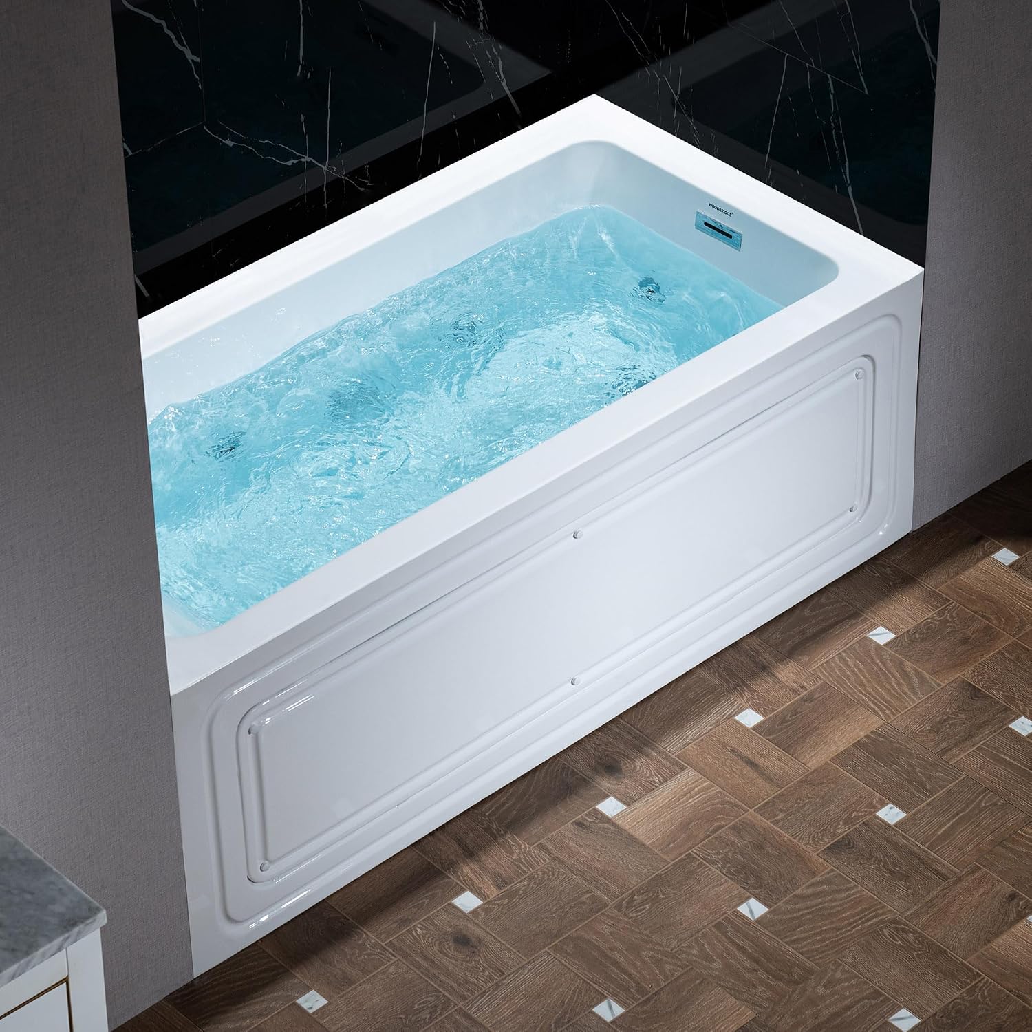 WOODBRIDGE 60' x 30' Alcove Acrylic Rectangular Whirlpool Heated Jetted Tub in White with right Drain, Polished Chrome Finish, BS666-R-CH01