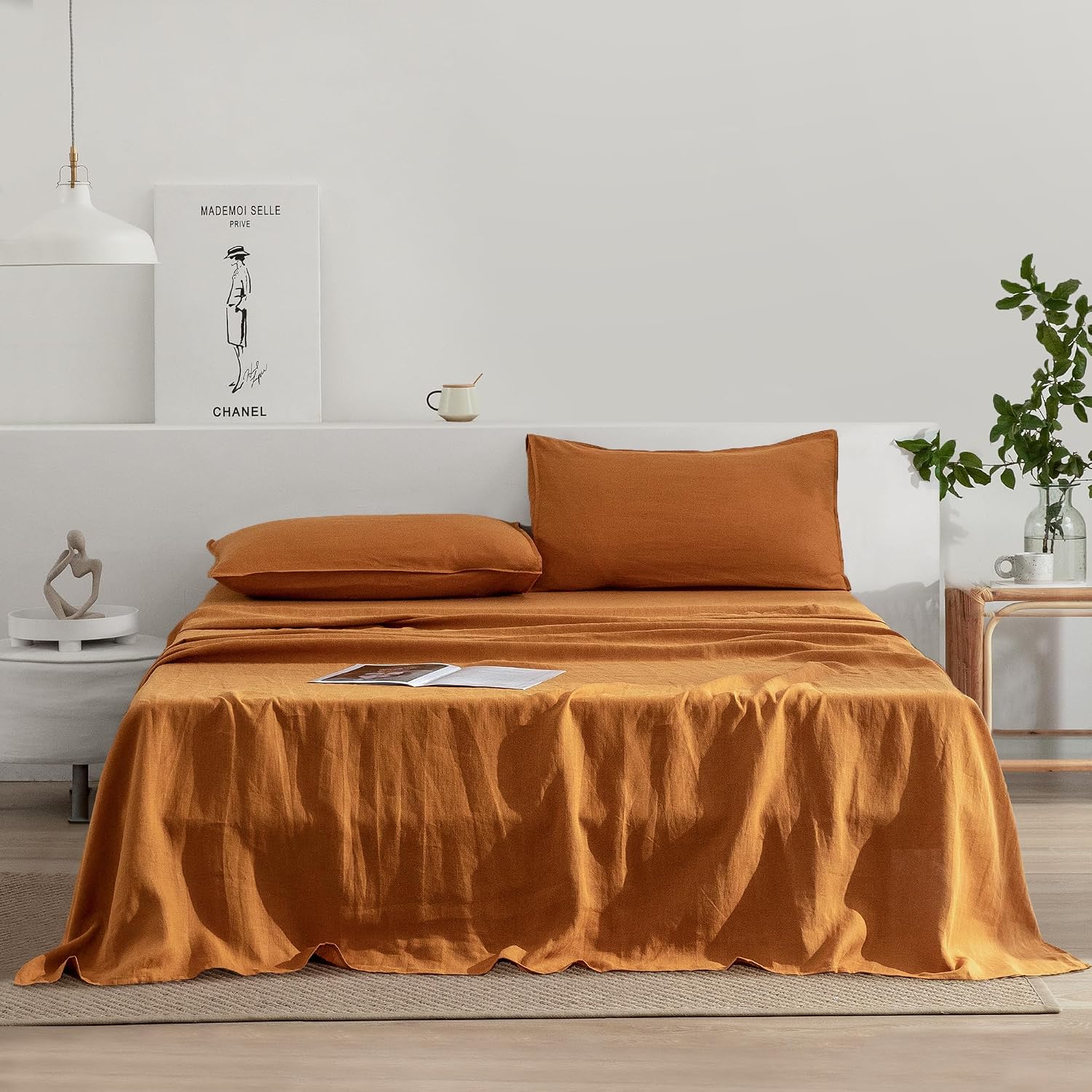 EVERLY Linen Sheets Set Queen Size,100% French Stonewash Pure Linen Sheets Set,4Pieces (1Flat Sheet,1Fitted Sheet,2Pillowcase) Suitable for Hot Sleepers,Deep Pocket Natural Bedding Set-Caramel-Queen