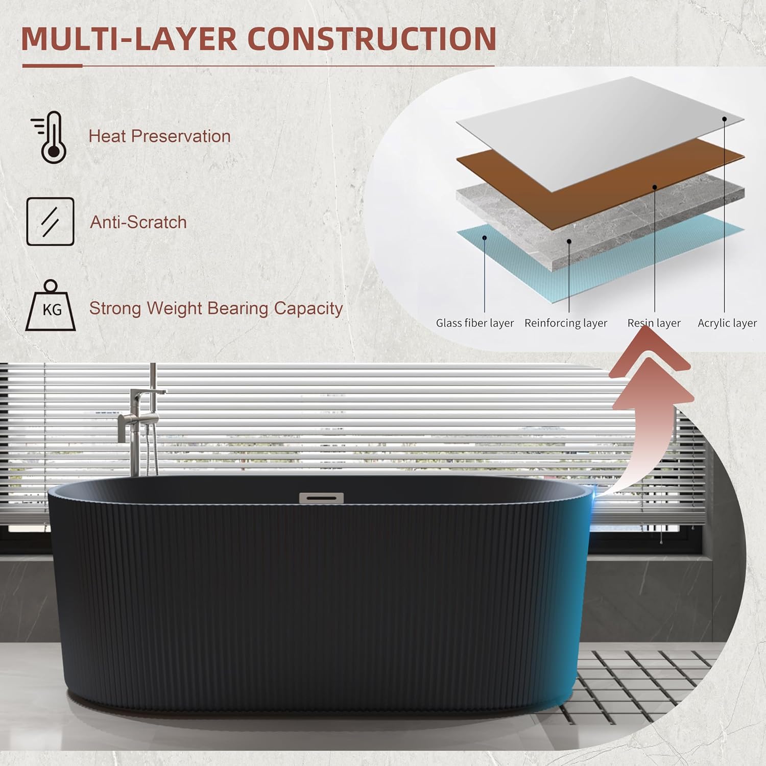 Black 59 inch Acrylic Fluted Style Wave Freestanding Soaking Bathtub, Modern Stand Alone V Shape Standing Tub with Center Drain & Overflow