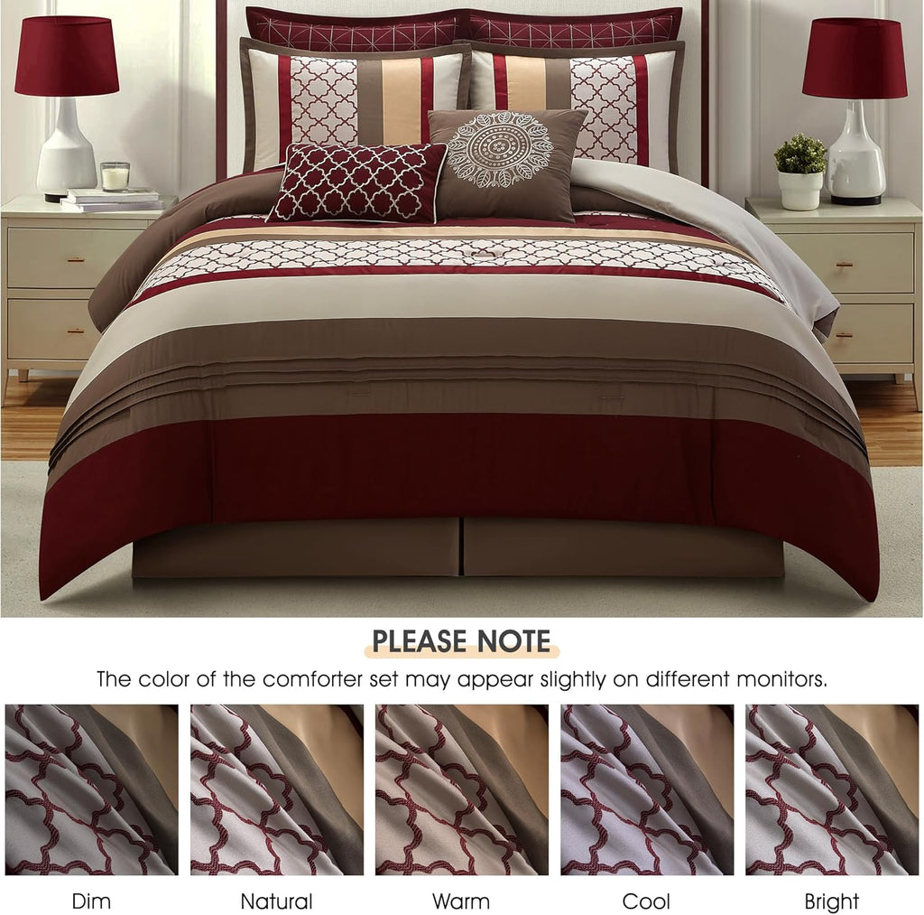 LANCO MODERN LIFESTYLE Queen Comforter Set, Berry Taupe Bedding Set, Jacquard Woven with Embroidery, 8 Pieces Bed in a Bag, Bed Skirt, Shams and Decorative Pillows
