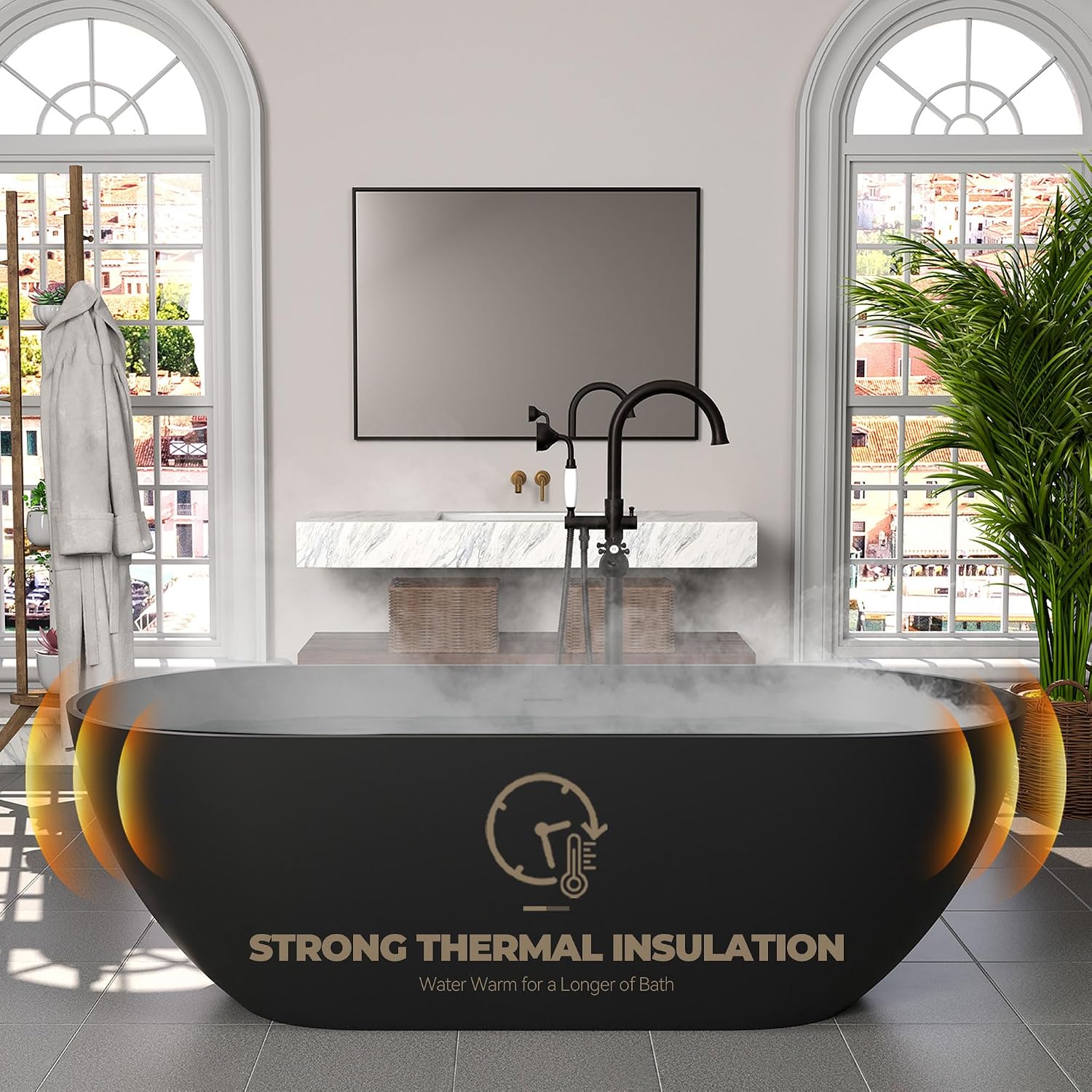 CASAINC 69' Free Standing Tub, Oval-Shaped Stone Resin Freestanding Bathtub Matte Black Solid Surface Soaking Tub with Drain, Drain Hose & Sanding Paper