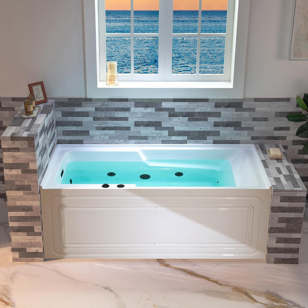 WOODBRIDGE 60' Alcove Acrylic Rectangular Whirlpool Heated Jetted Tub in White with Left Drain, Matte Black pop-up Drain Included BM6030L