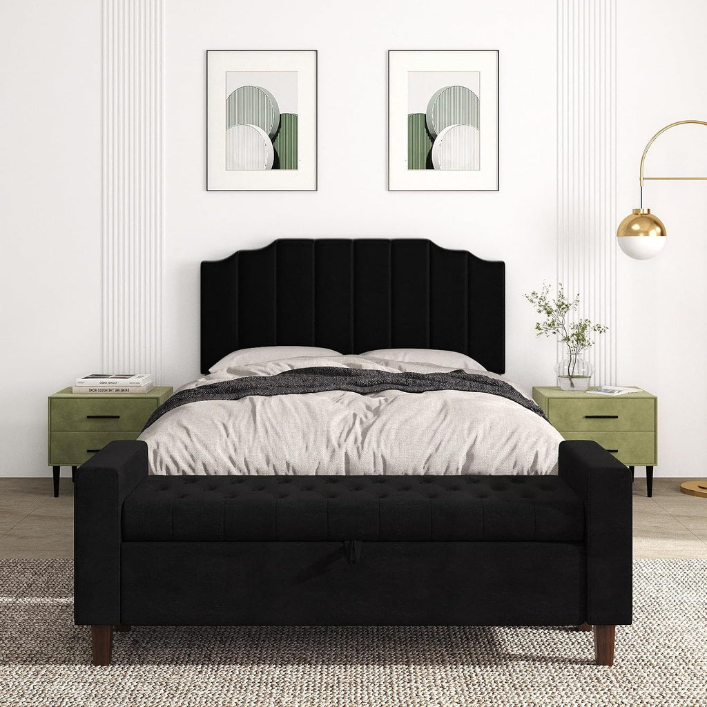 Befurtori Queen Size Headboard Only, Velvet Wall Mounted Headboard Queen Size for Adjustable Bed, Modern Vertical Channel Design with Curved Tufted Upholstered Head Board and Luxury Soft Padded, Black