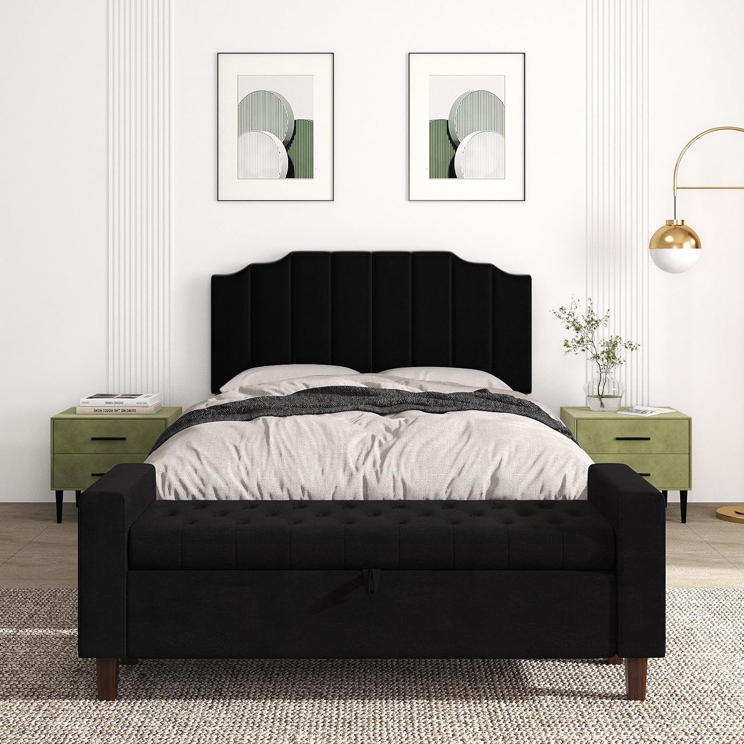 Befurtori Queen Size Headboard Only, Velvet Wall Mounted Headboard Queen Size for Adjustable Bed, Modern Vertical Channel Design with Curved Tufted Upholstered Head Board and Luxury Soft Padded, Black