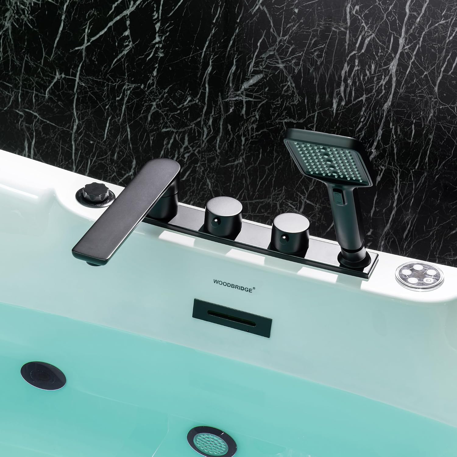 WOODBRIDGE 72' x 35-3/8' Whirlpool and Air Bath Heated Soaking Combination Tub with Adjustable Speed Air Blower, Tub Filler, and LED control panel, Matte Black Finish Trim and Drain Kit,BM-400+F0051