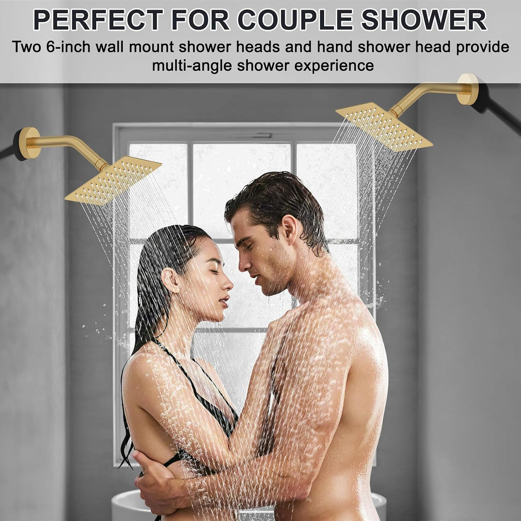 Iriber Bathtub Shower Faucet Set Brushed Gold,Push Button Diverter Shower System for 2 people with 2 in 1 Hand Shower, Dual Shower Head with handheld Wall Mount valve trim kit (cartridge Included)