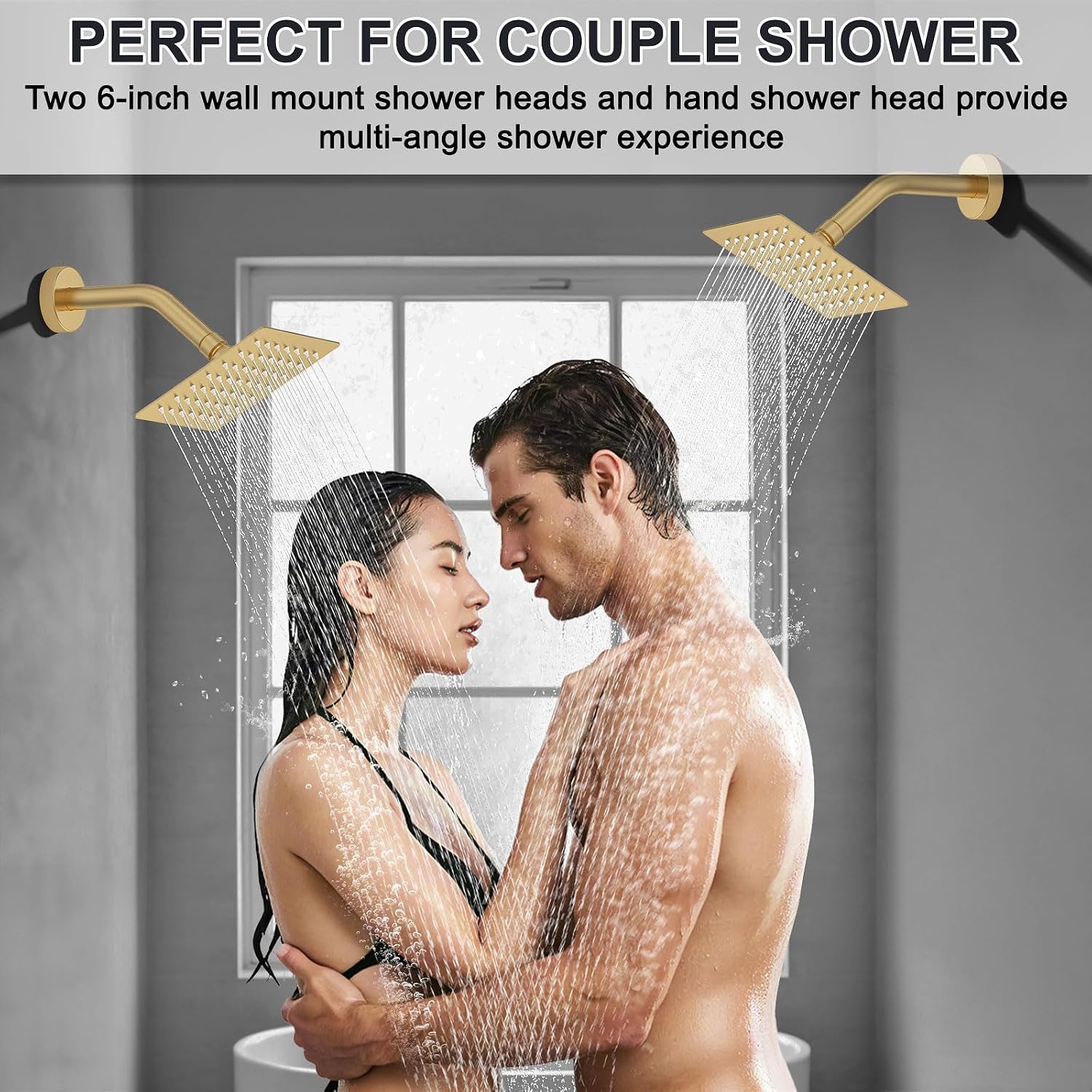 Iriber Bathtub Shower Faucet Set Brushed Gold,Push Button Diverter Shower System for 2 people with 2 in 1 Hand Shower, Dual Shower Head with handheld Wall Mount valve trim kit (cartridge Included)
