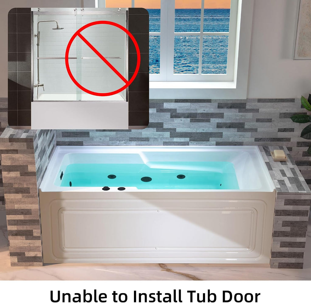 WOODBRIDGE 60' Alcove Acrylic Rectangular Whirlpool Heated Jetted Tub in White with Left Drain, Matte Black pop-up Drain Included BM6030L