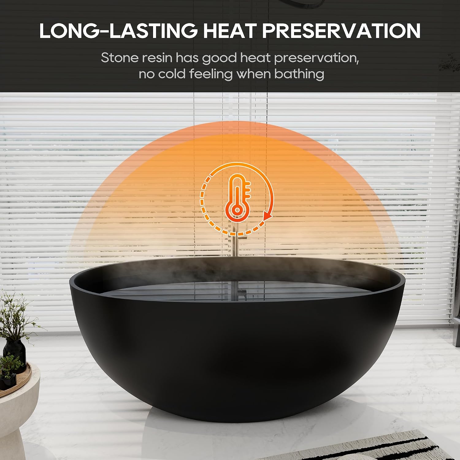 SJ STAR&JANE 55' Solid Surface Freestanding Bathtub, Stone Resin Oval Soaking Tub Matte Black Stand Alone Tub with Overflow and Pop-up Drain for Bathroom