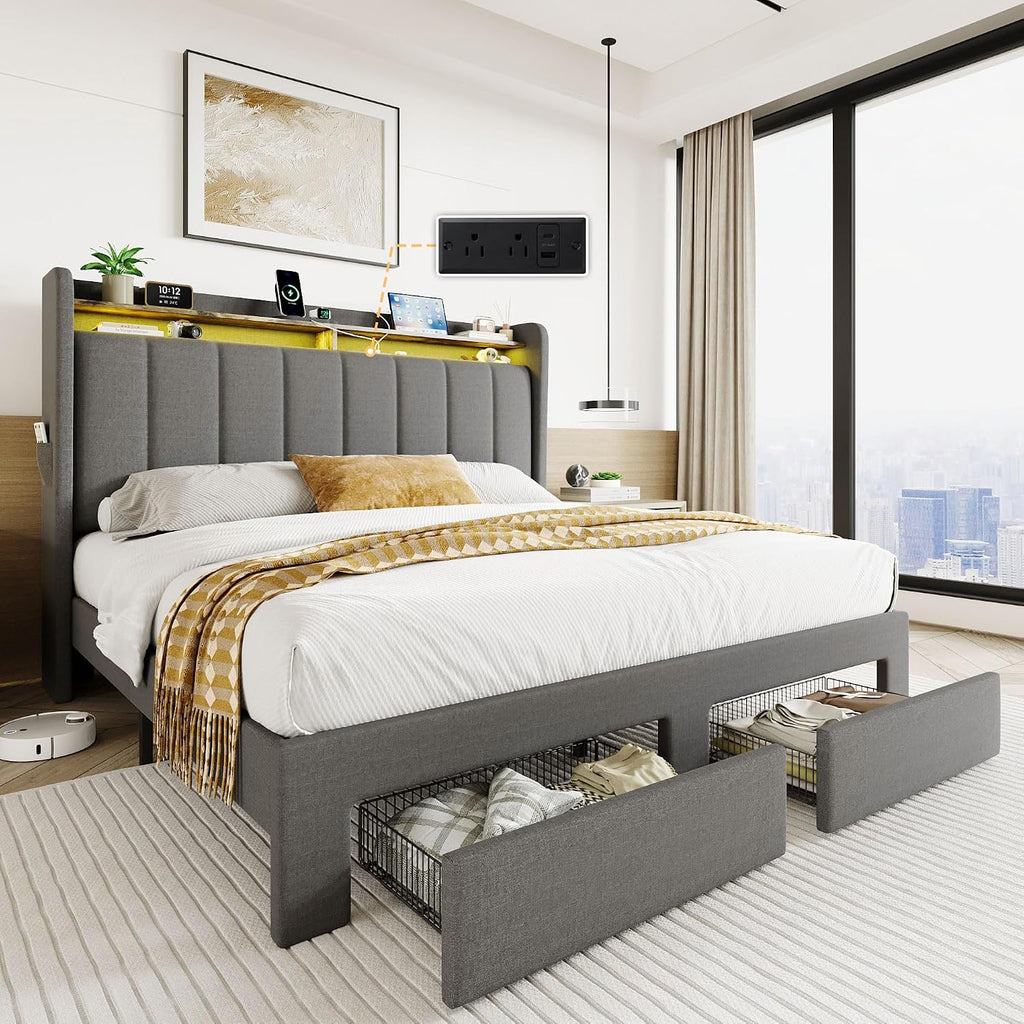 SHA CERLIN Queen Platform Bed Frame with Vertical Channel Tufted Wingback Headboard & 2 Storage Drawers/2-Tier Shelves with LED Lights & Charging Station/Noise-Free/No Box Spring Needed/Dark Grey