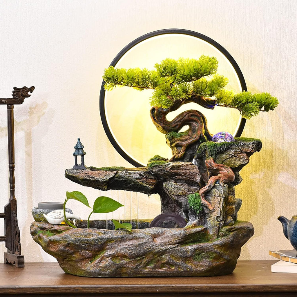 Indoor Fountains Tabletop Water Fountain Indoor Waterfalls Fountains Decorative Tabletop Fountain with LED Light Artificial Bonsai Tree Design Best Home Gifts for Parents or Friends Indoor Waterfall(L