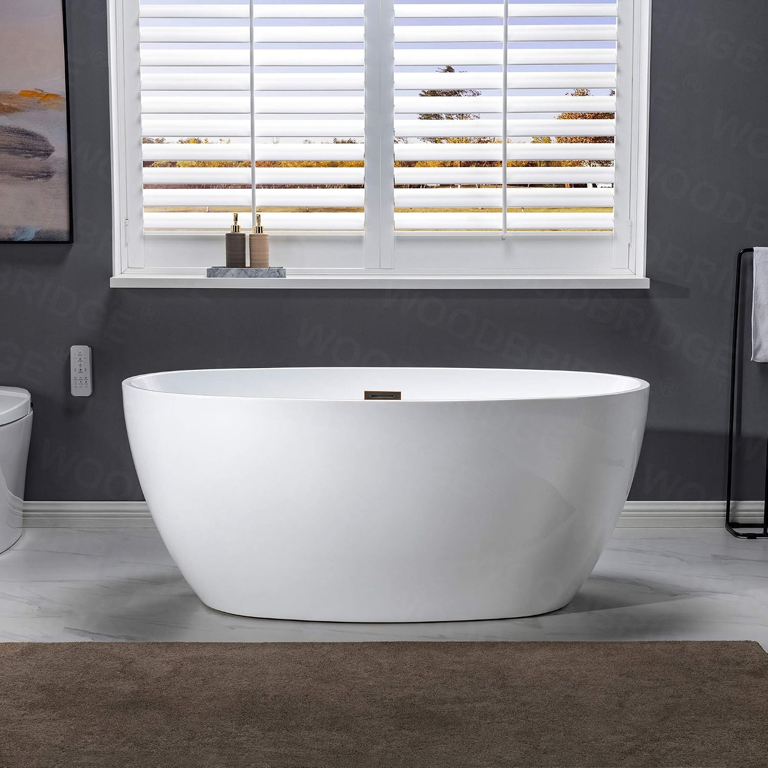 WOODBRIDGE 55' Acrylic Freestanding Bathtub Contemporary Soaking White Tub with Oil-Rubbed Bronze Overflow and Drain，B1418 -ORB-Drain &O