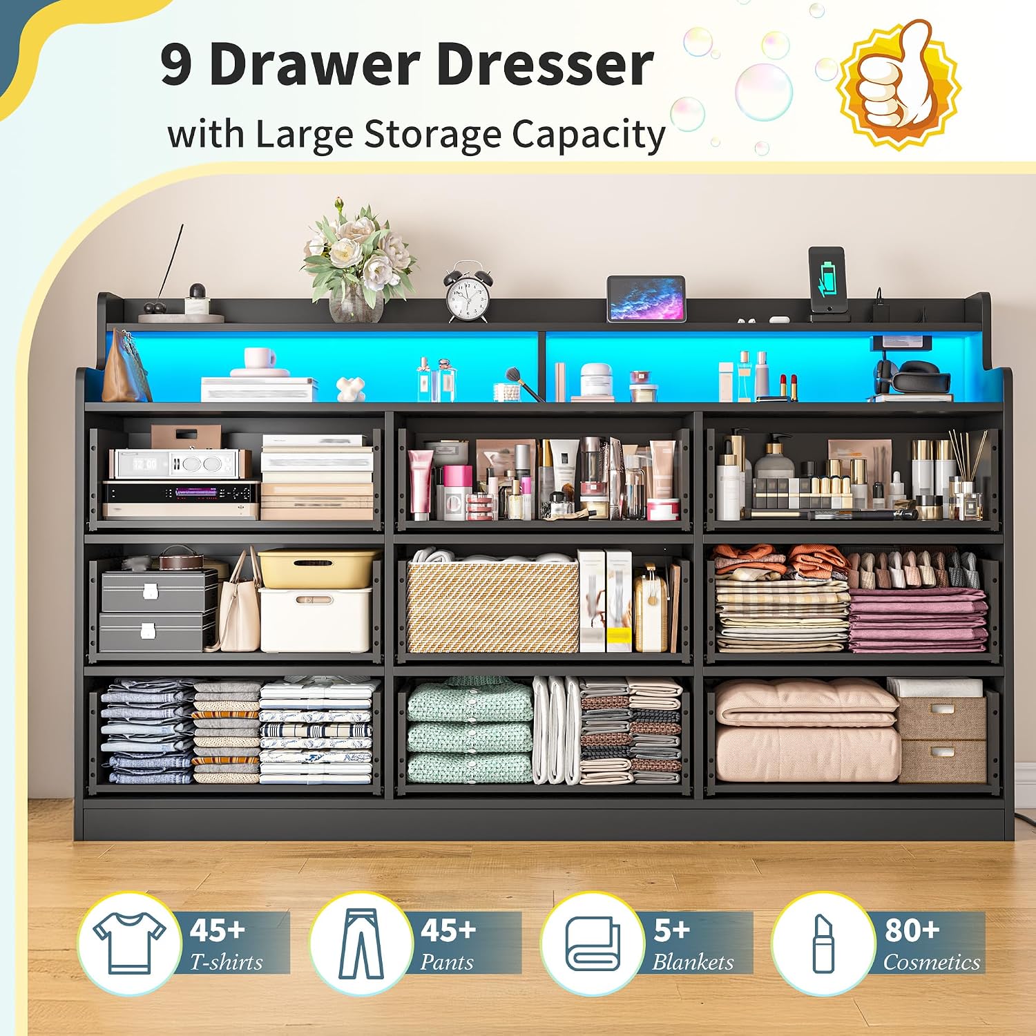 DurayLoly Black Dresser for Bedroom with LED Light & Charging Station Modern 9 Drawer Dresser for Bedroom Wood Chest of Drawers for Living Room Hallway, Anti-Tip Safety, 15.6' D x 55' W x 35.5' H