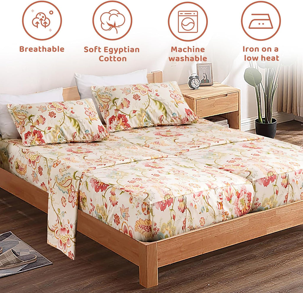 QSH 100% Egyptian Cotton Floral Sheets for Split King Size Bed, Red Yellow Flowers Plant Pattern Botanical Printed Bedding Deep Pockets 17' Soft and Breathable 4pcs