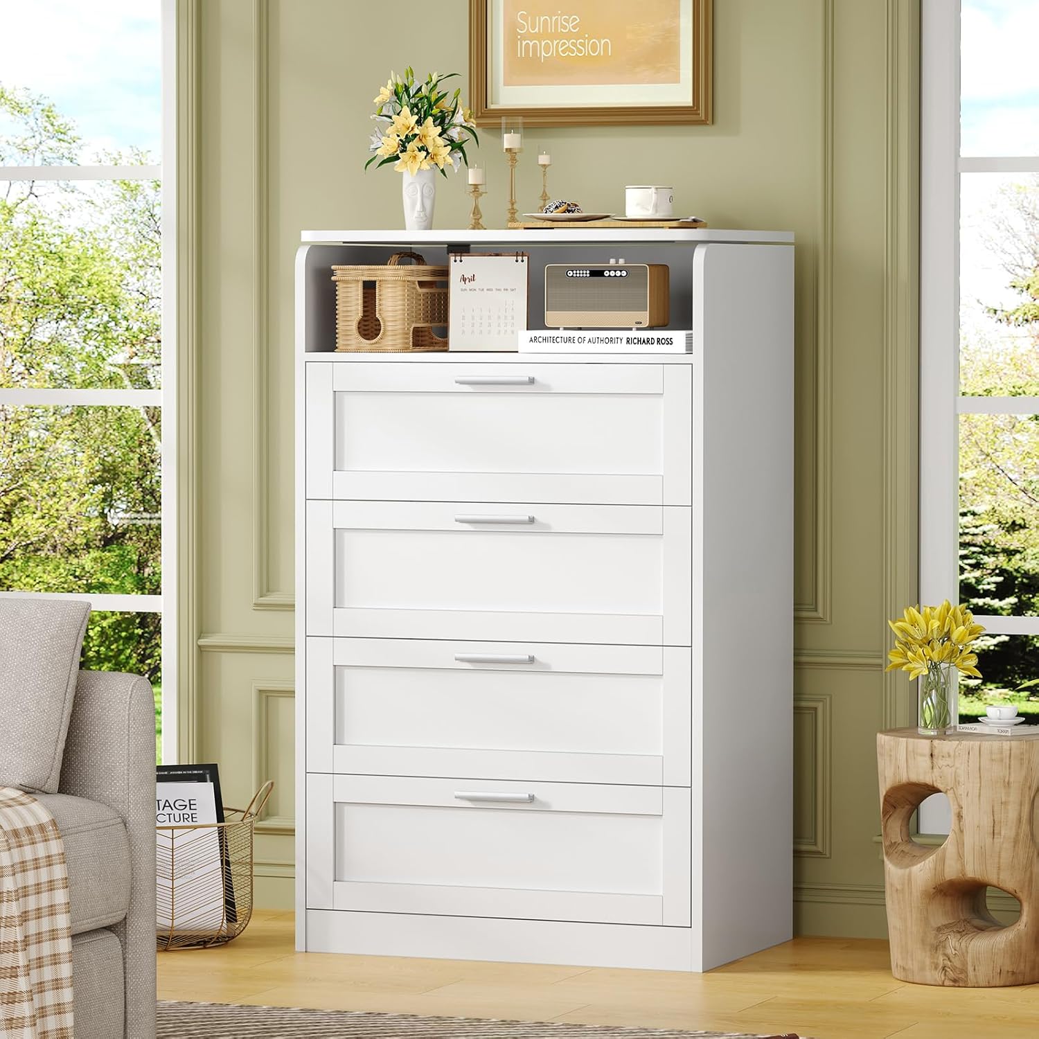 TEENFON Dresser for Bedroom, Tall White Dresser with 4 Drawers, Dressers with Mirror, Chest of Drawers for Bedroom, Living Room, Closet, Hallway, White