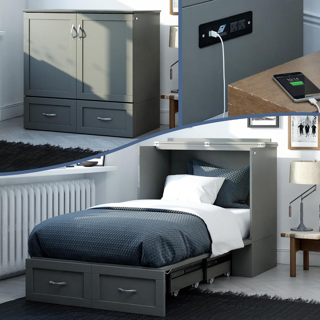 AFI, Hamilton Twin XL Murphy Bed Chest with 6' Mattress, Storage Drawer, and Built-in USB Charger, Grey
