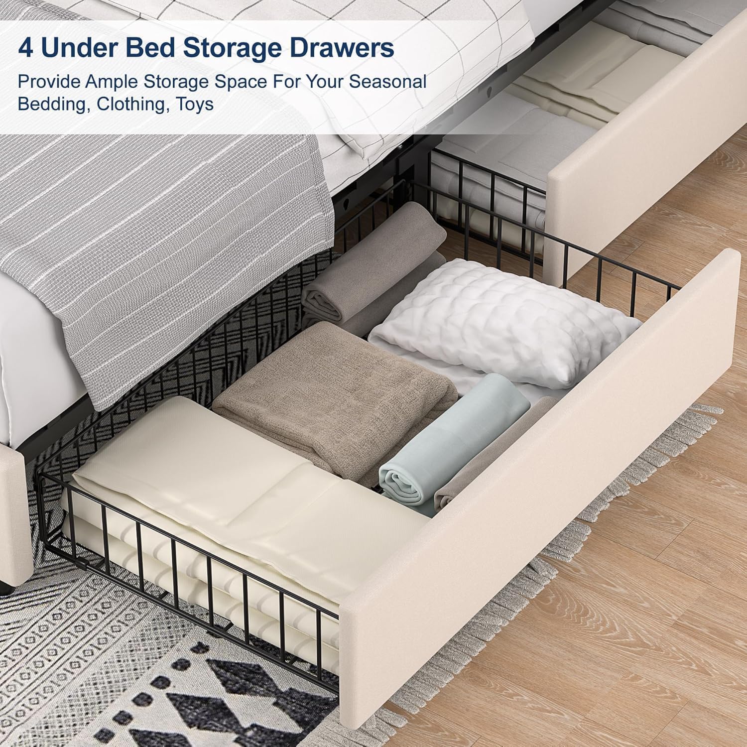 VECELO Full Size Platform Bed Frame with Type-C & USB Charging Stations/4 Storage Drawers, Upholstered Adjustable Headboard, Strong Wooden Slats Support, No Box Spring Needed, Easy Assembly