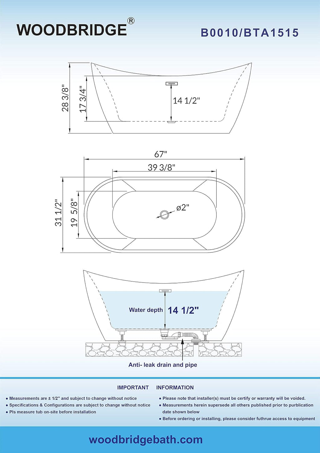 WOODBRIDGE 67' Acrylic Freestanding Bathtub Contemporary Soaking White Tub with Matte Black Overflow and Drain,B0010-MB