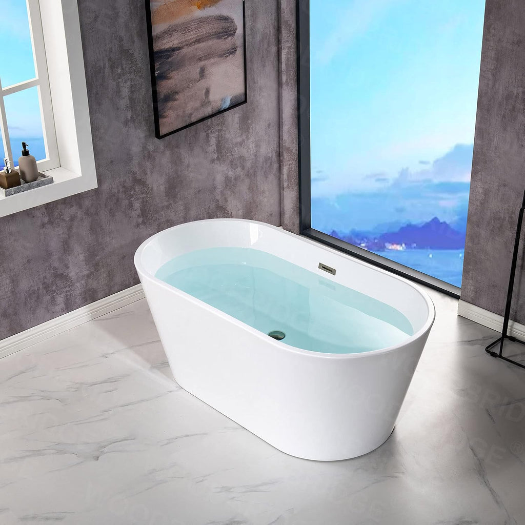 WOODBRIDGE 54' Acrylic Freestanding Bathtub Contemporary Soaking White Tub with Brushed Nickel Overflow and Drain，BTA1702-B/N