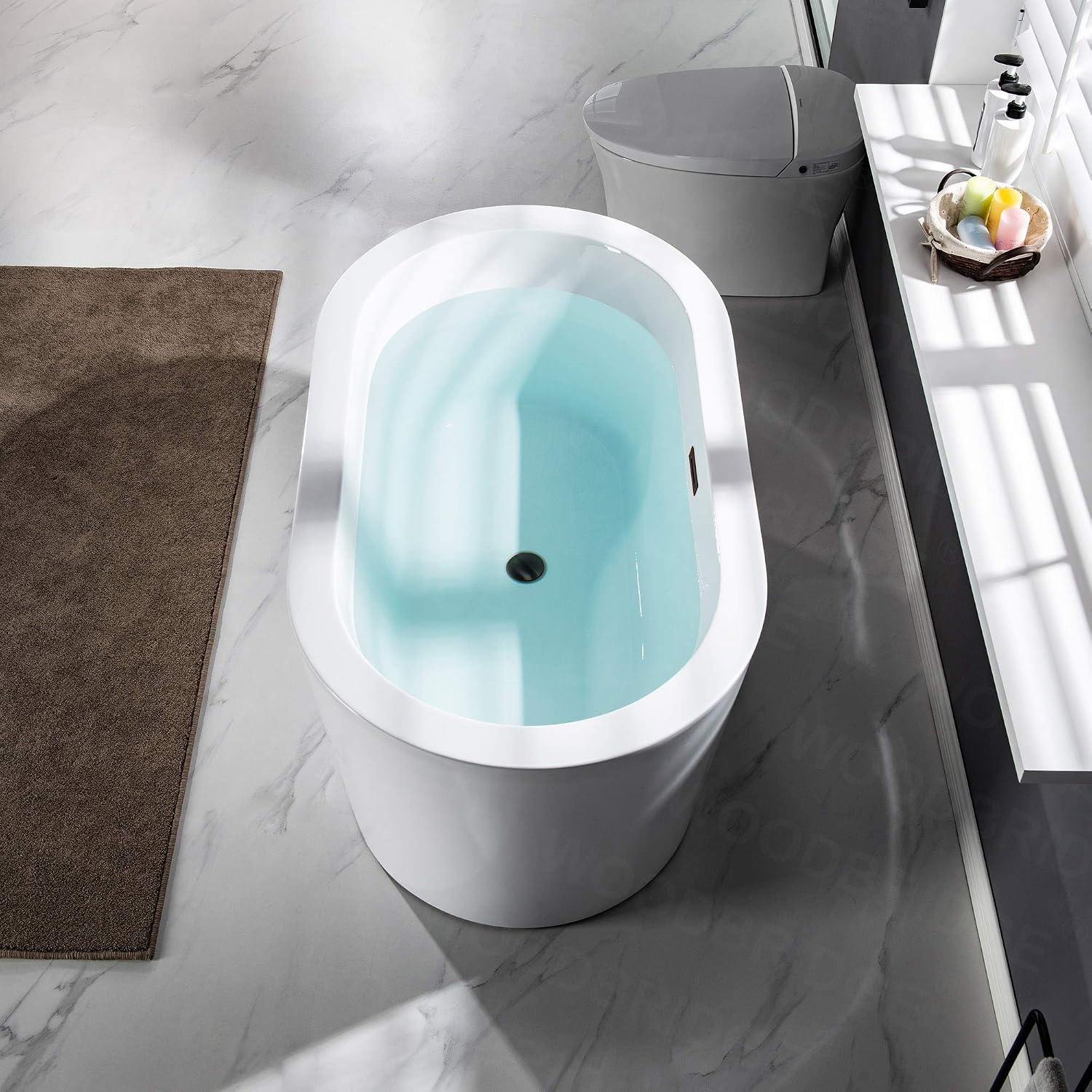 WOODBRIDGE 56' Acrylic Freestanding Bathtub Contemporary Soaking White Tub with Oil Rubbed Bronze Overflow and Drain，B0088 -ORB-Drain &O