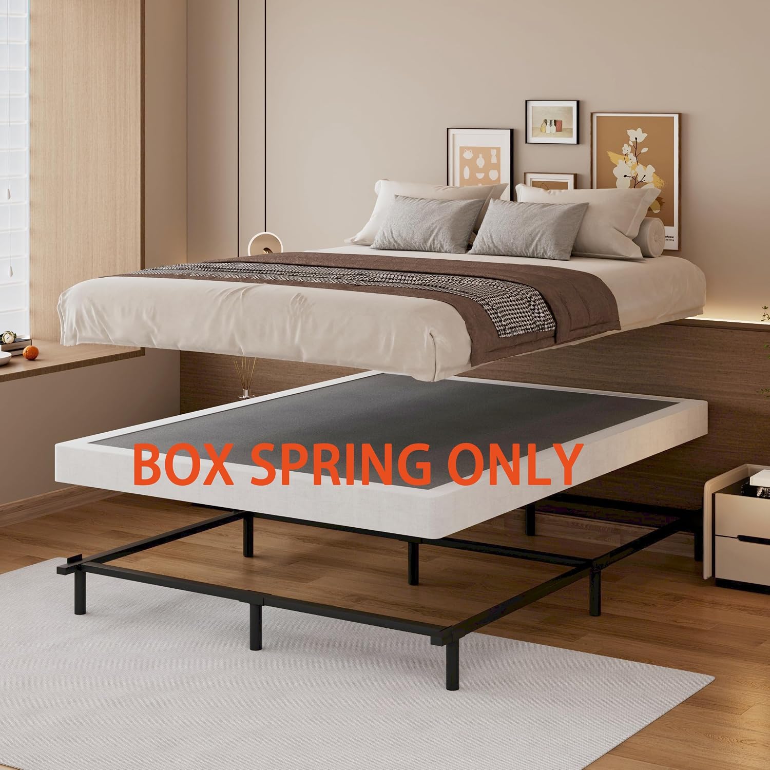 SHLAND Box Springs King Size 4 Inch High Box Spring Strong Metal Frame Mattress Foundation with Fabric Cover, Box Spring King Size Bed, Easy Assembly