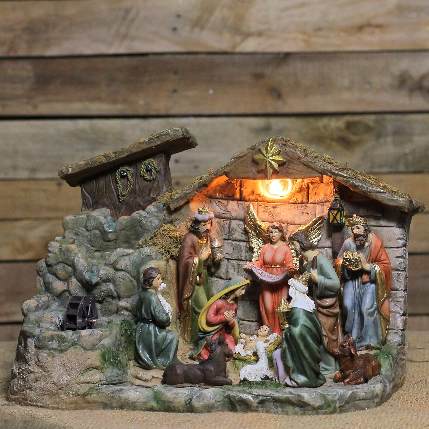 NORTHLIGHT 11-Piece Pre-Lit Brown Christmas Nativity Figurine Set with Water Fountain 11' - Warm White Light