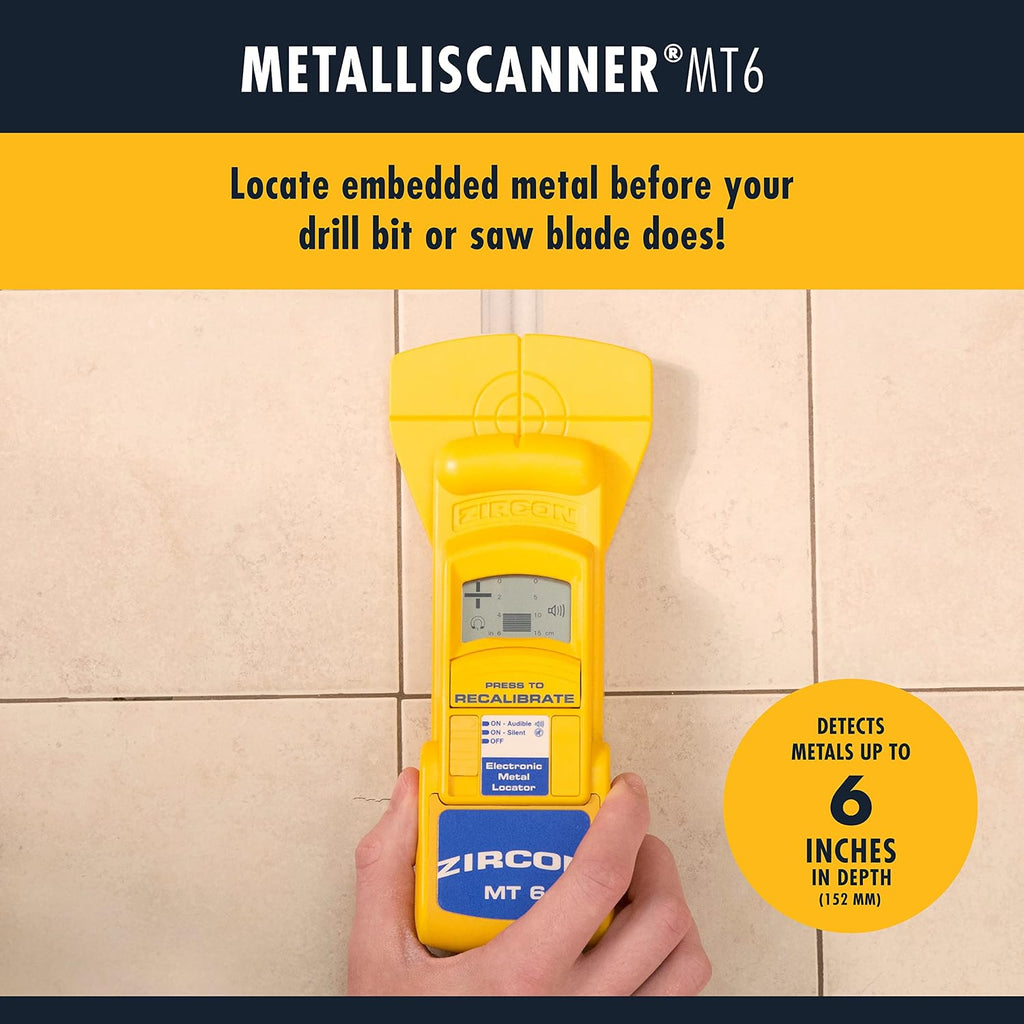 Zircon MetalliScanner MT6 Professional Metal Detector – Deep-Scanning Handheld Metal Locator for Ferrous and Non-Ferrous Metals – Detects Pipes, Rebar, and Studs in Walls, Floors, and Concrete, Yellow