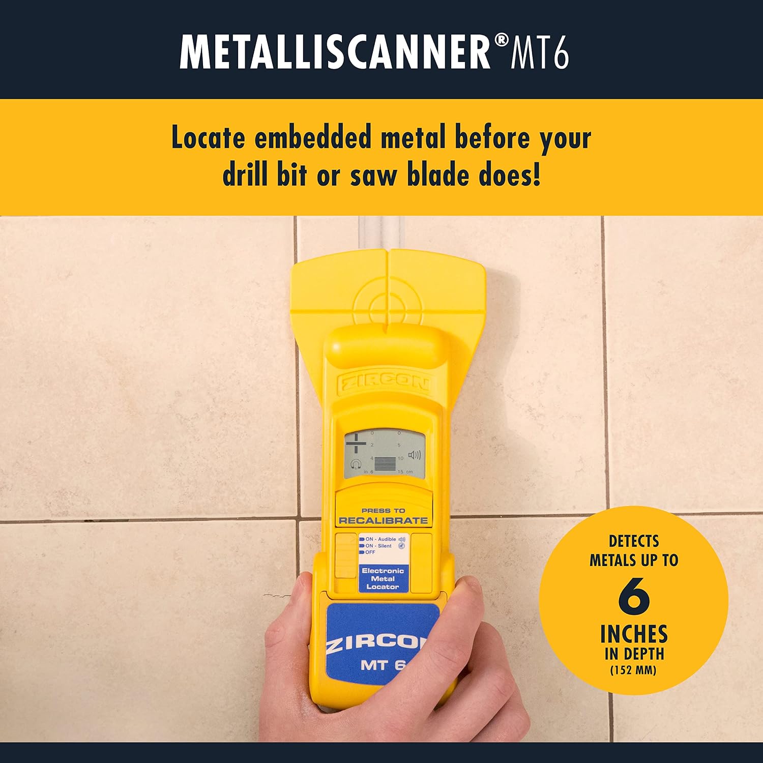 Zircon MetalliScanner MT6 Professional Metal Detector – Deep-Scanning Handheld Metal Locator for Ferrous and Non-Ferrous Metals – Detects Pipes, Rebar, and Studs in Walls, Floors, and Concrete, Yellow