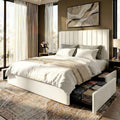 SHA CERLIN Queen Size Platform Bed Frame with 4 Storage Drawers, Vertical Channel Tufted Adjustable Headboard, Velvet Upholstered, Wooden Slats Support, No Box Spring Needed, Easy Assembly, White